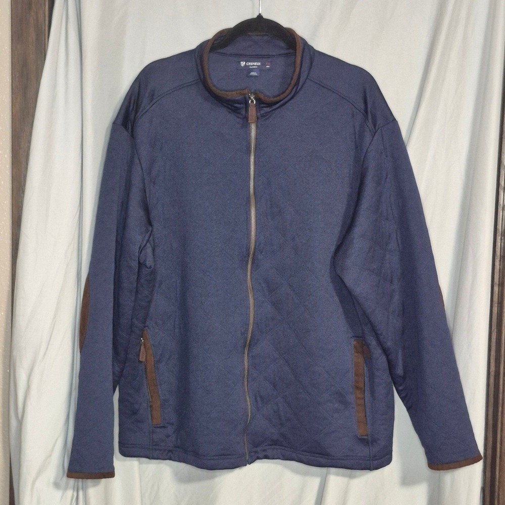 Cremieux Classics Mens XXL Navy Blue Quilted Full Zip Jacket Elbow Patches Mock